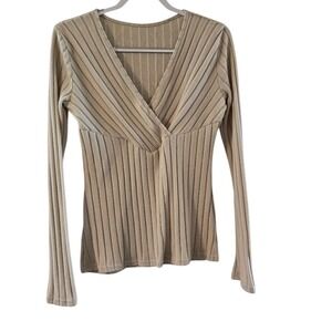 Ribbed Knit‎ Top XL Long Sleeve V Neck Tan Beige Blouse Fitted Sz XL